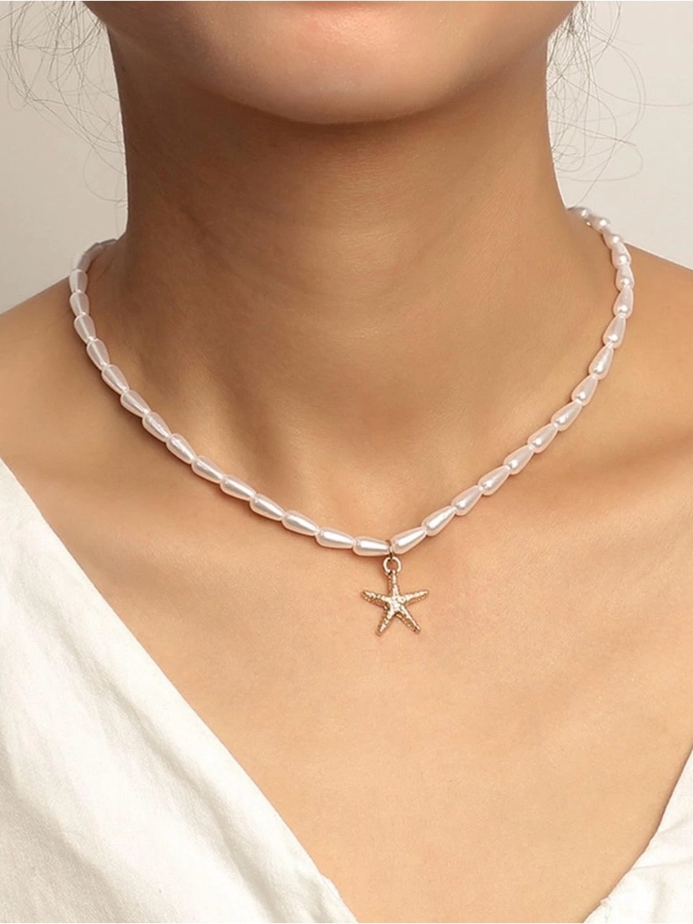 Pearl Necklace with Gold Starfish Pendant